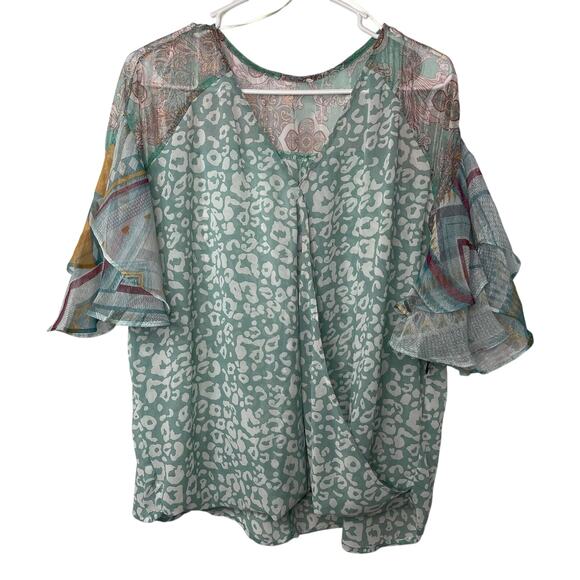 boho bohemian shirt blouse top women's 1x plus size green white floral - Picture 1 of 11